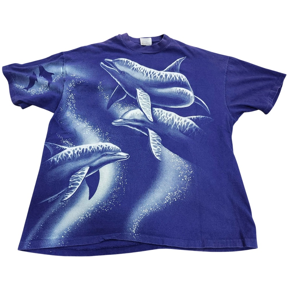 Vintage Hanes Beefy-T Dolphin All Over Print Shirt Blue XL Made in USA 90s Tee